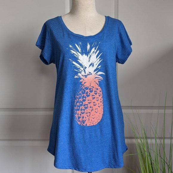 Lucky Brand Tee Pineapple Print Scoop Neck Short Sleeve Blue L NWOT - Picture 1 of 12